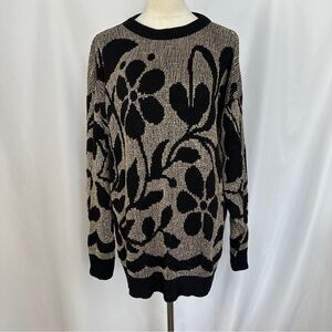 Vintage 90’s A Jane Adams‎ Sweater Womens XL Floral Pattern Crewneck Black Tan